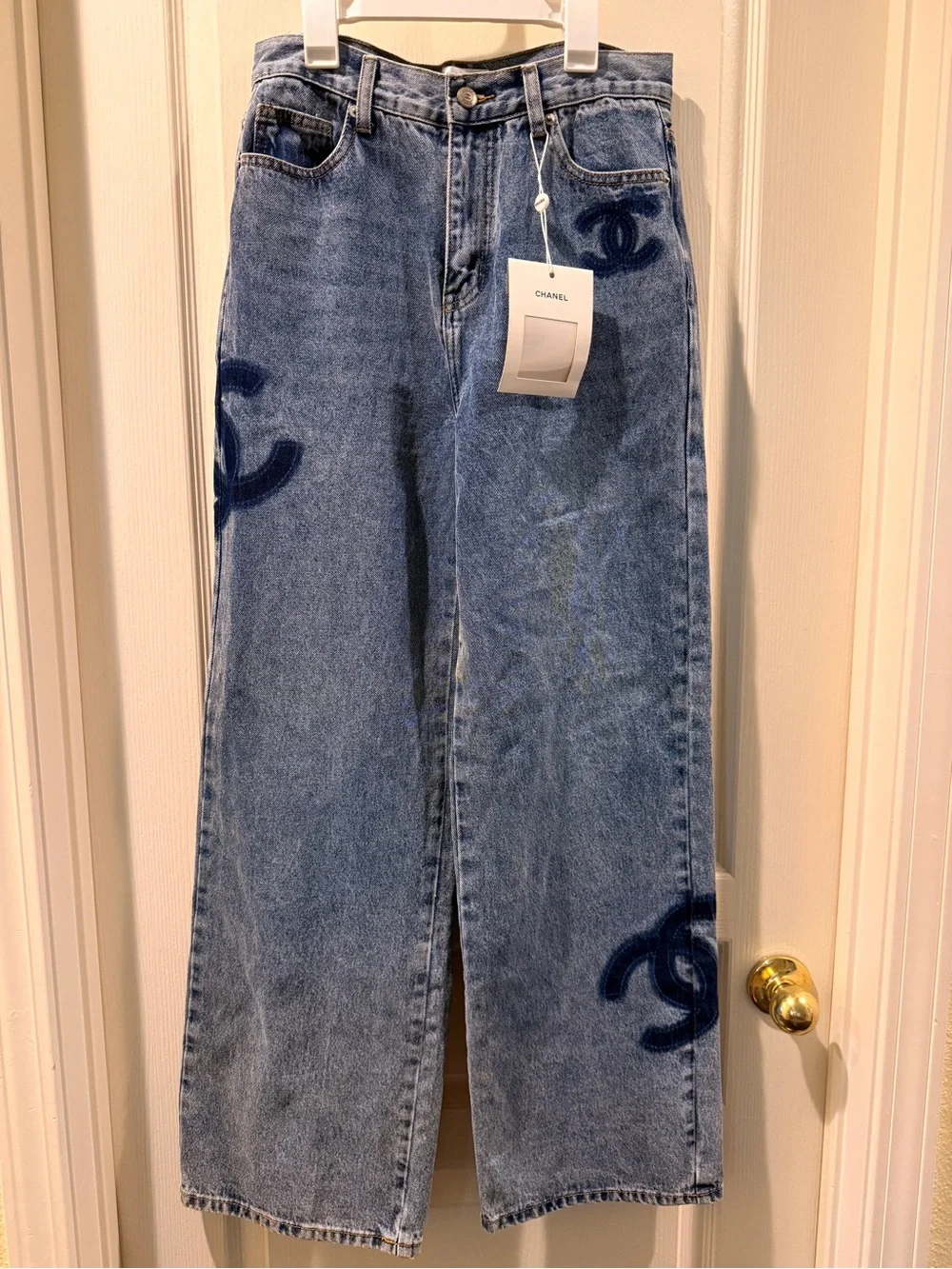 CHANEL Blue Denim Flare Jeans with Logo Motif